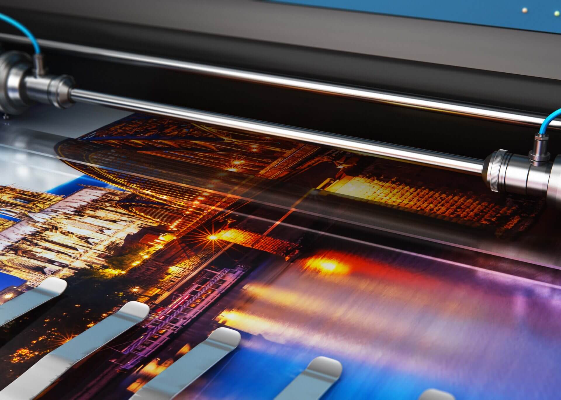 3D render illustration of printing photo banner on large format color plotter in typography or print house printshop